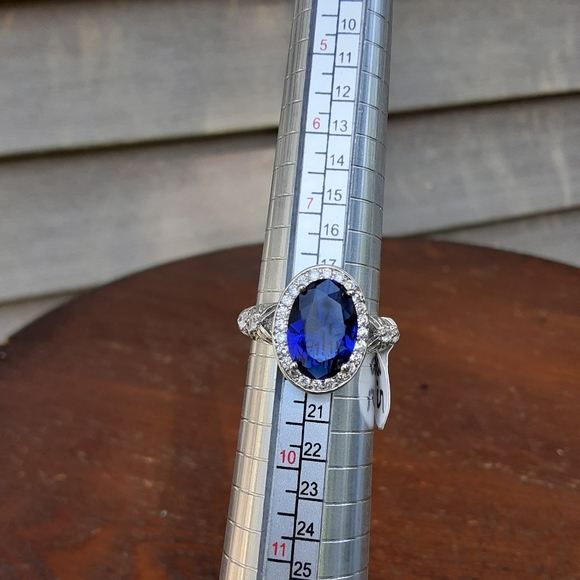 Blue Sapphire and Cz Silver Ring Size 8.5 - Picture 2 of 7